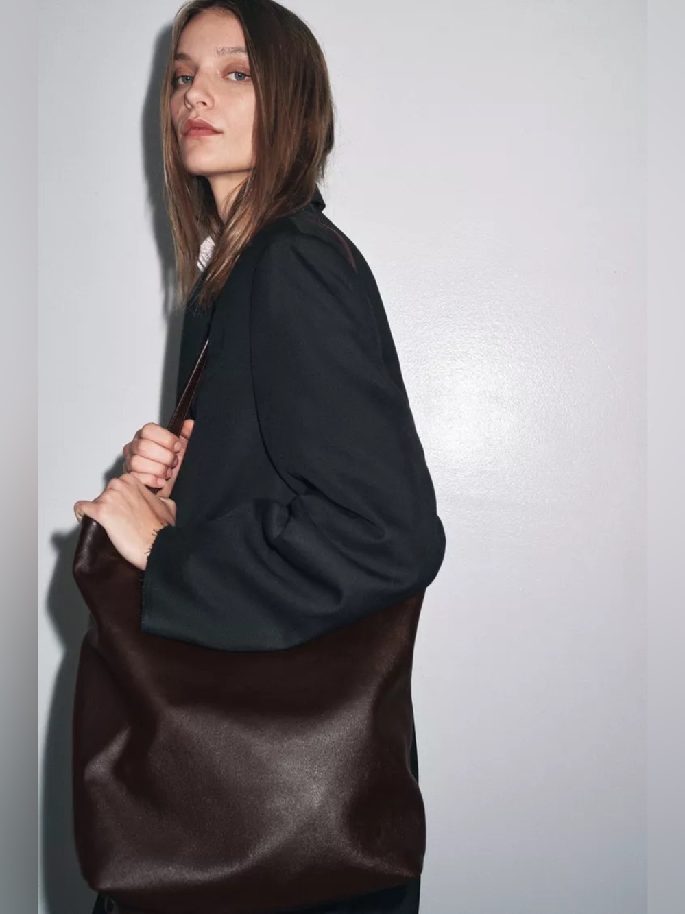 Zara Genuine Leather Tote Shoulder Bag in Dark Brown - Picture 6 of 9